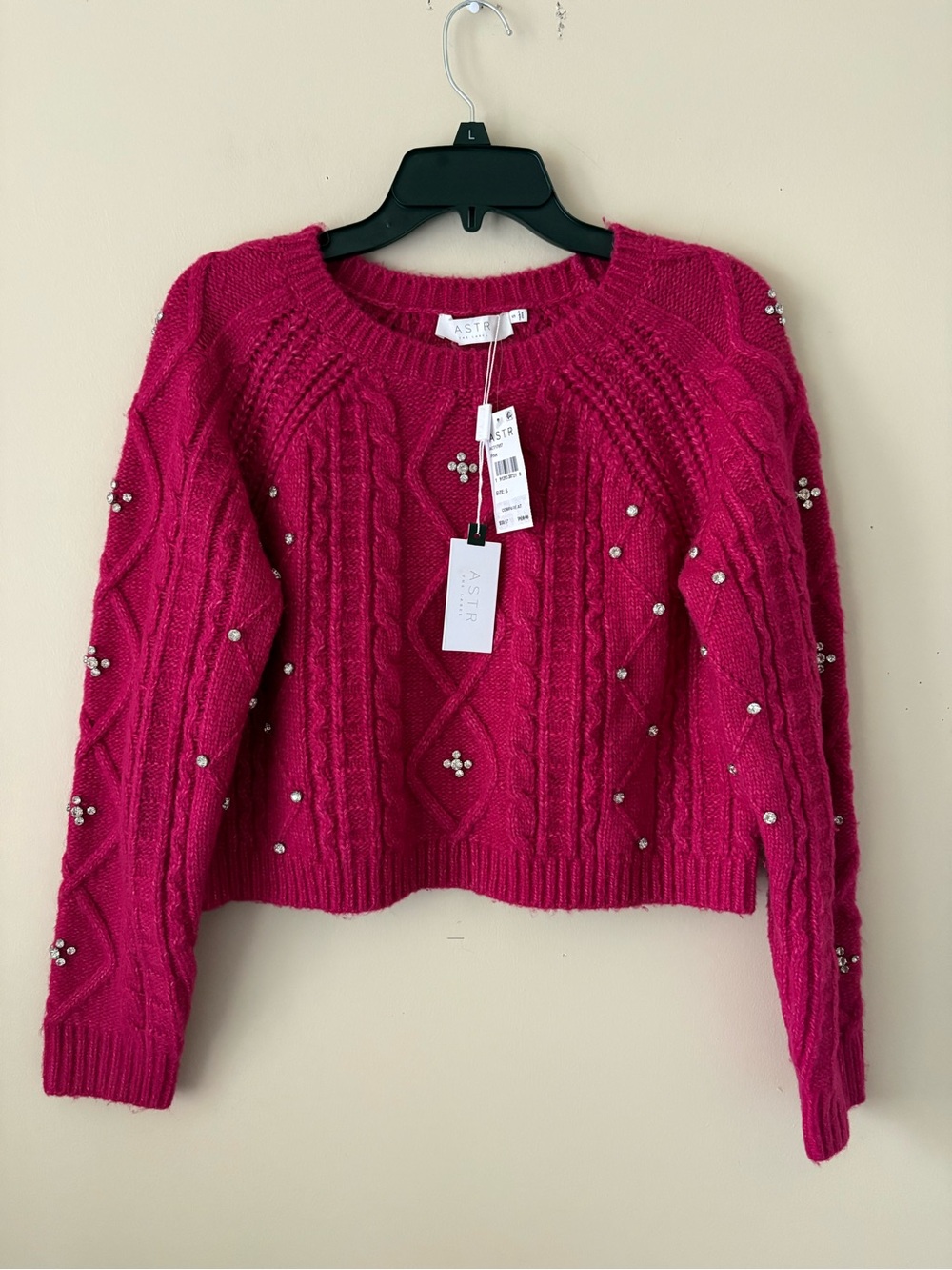 ASTR The Label Pink Wool Blend Rhinestone -Accent Cable Knit Crew Sweater SZ.S